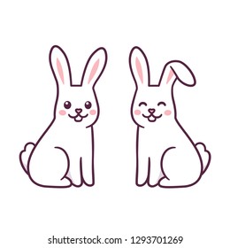 Two cartoon white rabbits drawing, cute Easter bunny vector illustration.