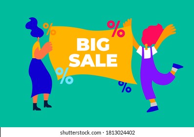 Two cartoon white woman with poster big sale concepr color bakground