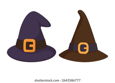 Two cartoon witch hats with buckles. Flat Halloween vector illustration on white background.