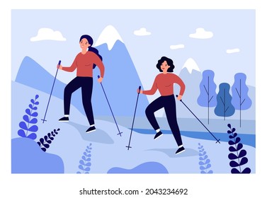 Two cartoon women Nordic walking in mountains. Female characters hiking with trekking poles flat vector illustration. Sports, healthy lifestyle, outdoor activity concept for banner or landing page