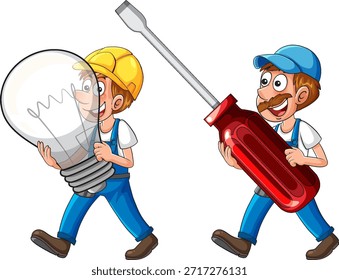 Dos trabajadores de la historieta en uniformes llevan la bombilla de gran tamaño y el destornillador, fondo blanco, estilo del Vector