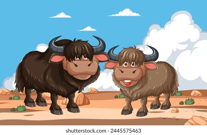 Two cartoon yaks smiling in a desert landscape