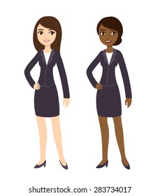 Two cartoon young businesswomen of different ethnicities in formal clothes. Isolated on white background.