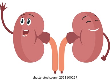 Dos riñones caricaturescos están sonriendo y saludando a la cámara
