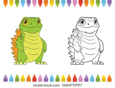 Two cartoonish lizards, one colored and one black and white, stand side-by-side, accented by colorful crayons along the top and bottom.