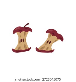 Two cartoon-style apple cores with red skin and visible seeds, ideal for visuals on food consumption, waste, nutrition, composting, and lifecycle education in playful or educational content.