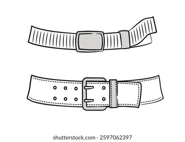 Two cartoon-style belt illustrations on a white background. One belt has a rectangular buckle, while the other has a double-prong buckle. Fashion and accessory concept. Vector illustration