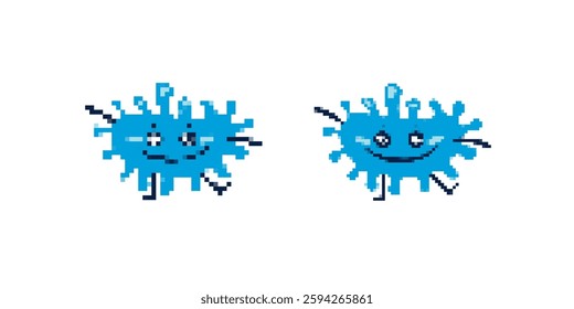 Two cartoon-style blue microbes with smiling faces and distinct tentacle-like projections stand out.