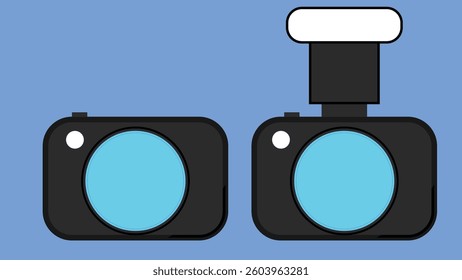 Two cartoon-style cameras are depicted on a bright blue background. 