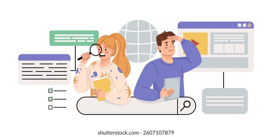 Two cartoon-style characters using search tools, surrounded by interface elements and a globe icon, on a white background. Concept of web search and information finding. Vector illustration