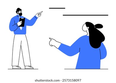 Two cartoon-style professionals communicating while pointing. Ideal for business meetings, collaboration, teamwork, brainstorming, presentations. Clean, modern, flat style with blue and black
