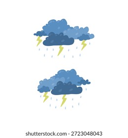 Dos nubes de tormenta de estilo de dibujos animados con rayos y gotas de lluvia representan un Clima intenso. Ideal para materiales educativos, App de Clima y visuales de conciencia climática.