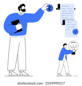 Two cartoon-styled people engaged in financial and idea-related activities. One holds a dollar coin beside financial documents, while the other holds a light bulb. Ideal for business, finance