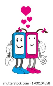 Two cartoony smartphones girl and boy and love between them. Vector illustration isolated on a white background.
