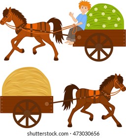 two carts with the farmer, hay and grass