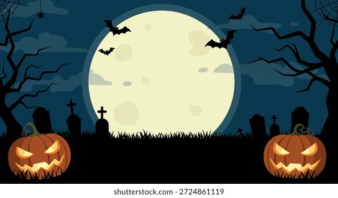 Zwei geschnitzte, glühende Jack-o'-Laternen sitzen auf einem dunklen Friedhof mit Grabsteinen und silhouettierten Bäumen unter einem großen, hellen Vollmond.