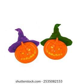 Dos calabazas talladas de Halloween con sombreros de bruja sobre fondo blanco