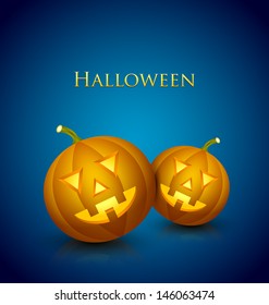 Two carved Jack-o'-lantern Halloween pumpkins on dark blue background