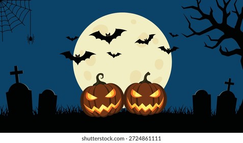 Dos linternas talladas con caras brillantes se sientan en un cementerio bajo una Grande luna llena, con murciélagos volando en el oscuro cielo nocturno.