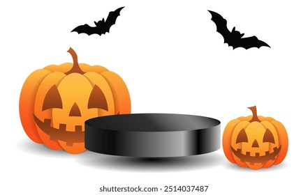 Two carved pumpkins with smiling faces and flying bats around a round display stand on a white background. Halloween decoration concept. Vector illustration