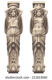 Two caryatids to support console designs on a white background