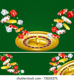 Two casino backgrounds, Wallpapers and banner of casino dices, chips and roulette  on green background.
