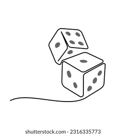 Two casino dices. Continuous one line drawing style. Vector illustration. Contour drawing of game dice.