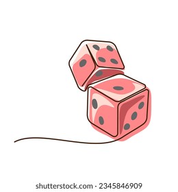 Two casino dices. Continuous one line drawing style. Vector illustration. Contour drawing of game dice. Colored single line art.
