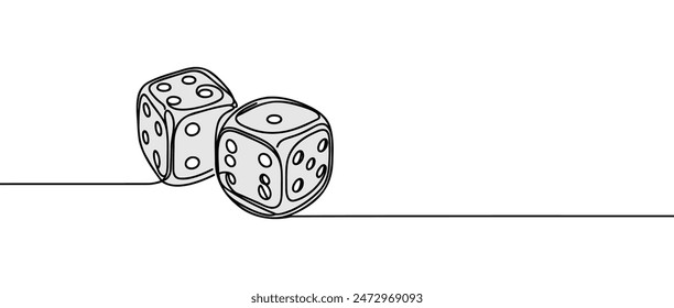 Two casino dices. Continuous one line drawing style. Vector illustration. Contour drawing of game dice.