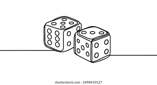 Two casino dices. Continuous one line drawing style. Vector illustration. Contour drawing of game dice.