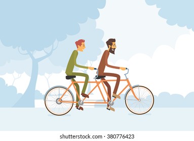 Two Casual Man Riding Tandem Bicycle Flat Vector Illustration