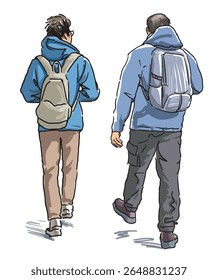 Two casual men tourists with backpacks striding outdoors, back view, freehand realistic drawing, vector illustration isolated on white