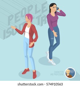 Two casual style ladies wearing jeans. Isometric 3d flat design vector people different characters, styles and professions, full length diverse acting poses collection.