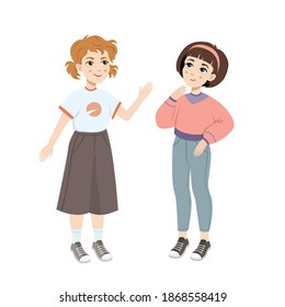 Two casual style teenage girls blonde with ponytails and brunette with a short hair