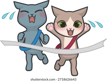 Dois personagens de gato cruzando a linha de chegada de uma maratona