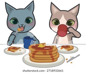 Dos personajes de gato comiendo tortitas mientras beben té