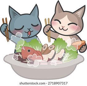 Dois personagens de gato comendo um pote quente de frutos do mar