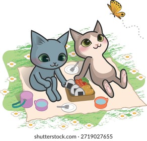 Dos personajes de gatos se dirigen a un picnic, esparcen una sábana en el césped y colocan sus fiambreras.