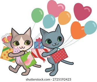 Dos personajes de gatos que sostienen muchos regalos y globos