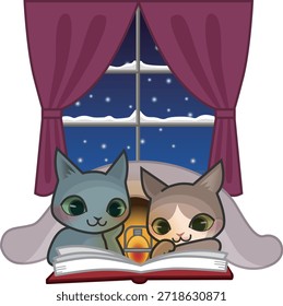 Zwei Katzenfiguren lesen ein Buch im Bett in einer verschneiten Nacht