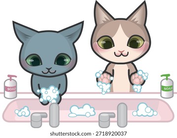 Dos personajes de gatos lavándose las manos con jabón