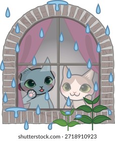 Dos personajes de gato mirando gotas de lluvia desde la ventana