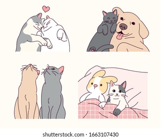 Two cat friends  Dog   cat friend  A cat that sleeps and cat doll  hand drawn style vector design illustrations  