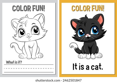 Two cat illustrations, one colored and one for coloring