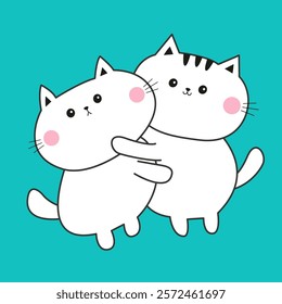 Two cat kitten set hugging Love couple family. Hug, embrace, cuddle. Line contour silhouette. Cute cartoon kawaii character. Happy Valentines day. Greeting card. Blue background. Flat design. Vector