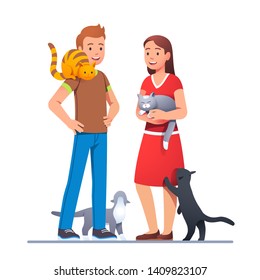 Two cat lovers meeting with their pets and talking. Cats siting on shoulder, petting in hands, walking on floor and reaching paw. Felinophile couple. Flat style vector character illustration