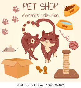 Two cat lovers. Pet shop poster design with many accessories. Vector illustration.
