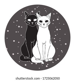 Two cat occult composition. Mysterious symbols hand drawn vector illustration. Magic cat head with witchcraft symbolic on white background.
