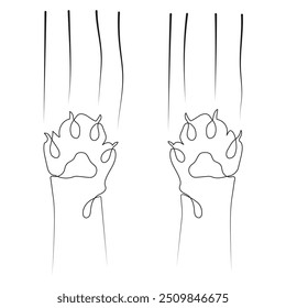 Two cat paws with sharp claws vector illustration. Paws scratch the monitor. Minimalist black and white contour line drawing.