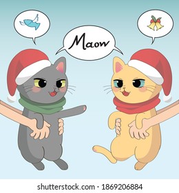 The two cat with red hat and they were carried by the owner, The two cats talked to each other.